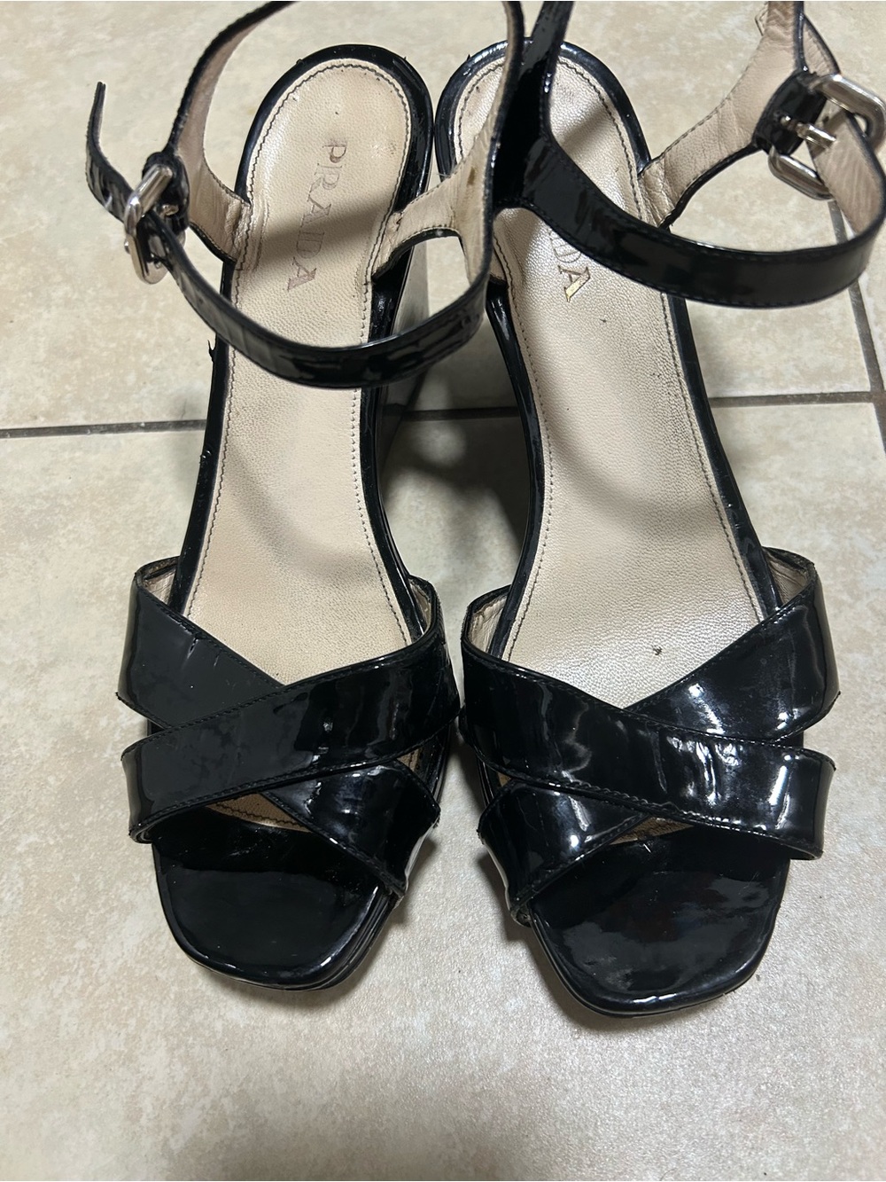 Prada Black Patent Leather Strappy Sandals
